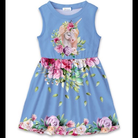 🦄 Blue Floral Unicorn A-Line Girls Dress 🦄